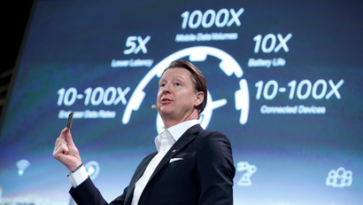 Ericsson's then-president & CEO Hans Vestberg shows a 5G chip