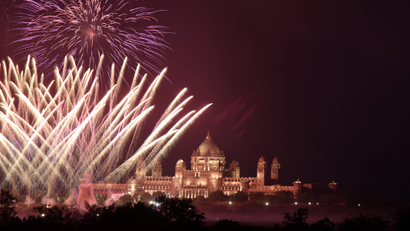Fireworks explode in the sky over Umaid Bhawan Palace, the venue for the wedding of actress Priyanka Chopra and singer Nick Jonas, in Jodhpur