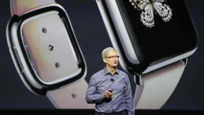 Apple CEO Tim Cook discusses the Apple Watch during an Apple media event in San Francisco, California