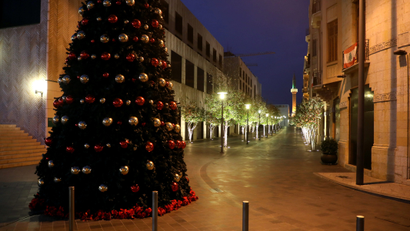 A Christmas tree is pictured at a closed shopping district in downtown Beirut.