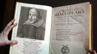 A portrait of William Shakespeare is seen in the Third Folio, in London, Wednesday, March 16, 2016. The Third Folio is estimated at 300,000-400,000 UK pounds (422,400-563,200 US dollars), includes Pericles for the first time and is illustrated with Shakespeares iconic portrait by English engraver Martin Droeshout. William Shakespeare died 400 years ago, but his stock has never been higher. To coincide with the anniversary of the Bard's death, Christie's is selling copies of the first four editions of his plays - a collection the auctioneer's head of books, Margaret Ford, calls "the holy grail of publishing." The four folios are going on display in New York April 1-8 and London April 20-28 before being sold in London on May 25. ()