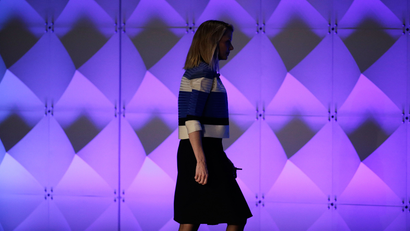 Yahoo CEO Marissa Mayer walks off the stage after delivering the keynote address Thursday, Feb. 18, 2016, at the Yahoo Mobile Developer Conference in San Francisco. (AP Photo/Eric Risberg)