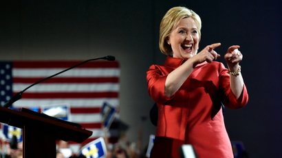 Democratic U.S. presidential candidate Hillary Clinton gestures to supporters after she was projected to be the winner in the Democratic caucuses in Las Vegas, Nevada February 20, 2016.