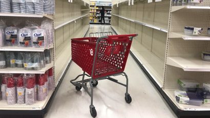An abandoned shopping cart lies between empty paper towel aisles during coronavirus disease (COVID-19) related hoarding at a Target store