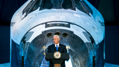 Vice President Mike Pence delivers opening remarks during the National Space Council's first meeting, Thursday, Oct. 5, 2017 at the Smithsonian National Air and Space Museum's Steven F. Udvar-Hazy Center in Chantilly, Va. The National Space Council, chaired by Pence, heard testimony from representatives from civil space, commercial space, and national security space industry representatives.
