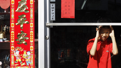 A boy looks through a shop glass door during the Chinese Lunar New Year celebrations at Chinatown in Panama City February 19, 2015. According to the lunar calendar, the Chinese New Year, which welcomes the year of the Sheep (also known as the Year of the Goat or Ram), falls on February 19 this year. REUTERS/Carlos Jasso (PANAMA - Tags: SOCIETY) - RTR4QB1T