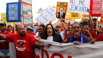 U.S. Democratic presidential candidate and U.S. Senator Kamala Harris (D-CA), joins a demonstration with striking McDonalds workers demanding a $15 minimum wage in Las Vegas, Nevada U.S