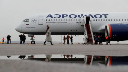 Aeroflot presents its first Airbus A350-900 at Sheremetyevo International Airport outside Moscow in 2020.