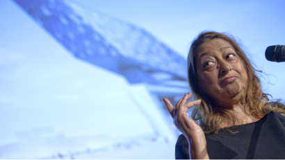 The architect Zaha Hadid at a news conference in Belgium in 2012