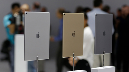 The new Apple iPad Pro is displayed in three different finishes following an Apple event Wednesday, Sept. 9, 2015, in San Francisco. (AP Photo/Eric Risberg)