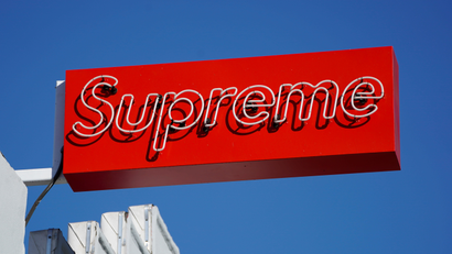 A Supreme clothing store sign is seen on Fairfax in Los Angeles, California
