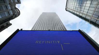 An advertisement for Refinitiv is seen on a screen in London's Canary Wharf financial centre, London, Britain,