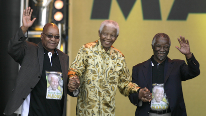 Nelson Mandela, Jacob Zuma and Thabo Mbeki appear at a rally in Pretoria in 2008 to celebrate Mandelas 90th birthday.
