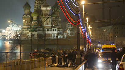 Boris Nemtsov's body in the shadow of St. Basil Cathidral.