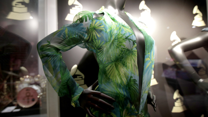 A replica of the Donatella Versace dress worn by Jennifer Lopez at the 2000 Grammy Awards show is displayed at the Grammy Museum Experience at Prudential Center in Newark, N.J.