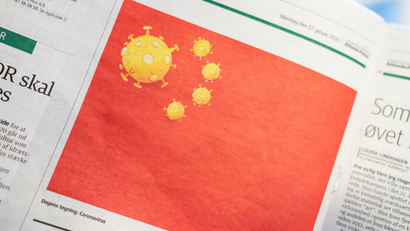 Cartoon of coronavirus depicted as part of Chinese national flag is pictured in a Danish newspaper