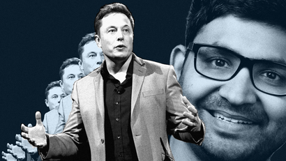 Image of Elon Musk superimposed on headshot of Parag Agrawal