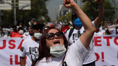 Mexican labor lawyer Susana Prieto leads a demonstration with supporters and workers along the streets as she said she is fighting to prove her innocence following criminal charges in the northern state of Tamaulipas, in Mexico City, Mexico