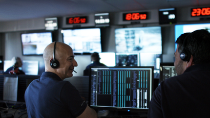 Jeff Bezos in the Blue Origin command center.