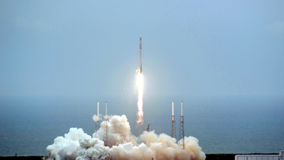 An unmanned Falcon 9 rocket blasts off from Cape Canaveral Air Force Station in this handout photo provided by NASA in Cape Canaveral, Florida April 18, 2014. The rocket, built and operated by privately owned Space Exploration Technology, was to deliver a cargo capsule to the International Space Station for NASA.