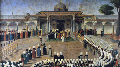 Sultan Selim III holding an audience in front of the Gate of Felicity. Courtiers are assembled in a strict protocol. Oil on canvas. Topkapı Sarayı Müzesi, Istanbul