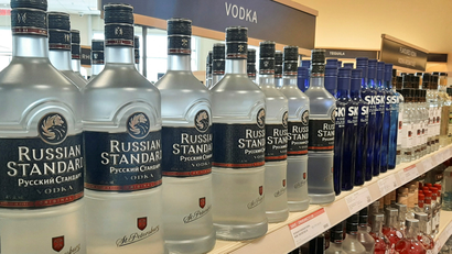 Bottles of Russian Standard Vodka are seen in on a liquor store shelf.