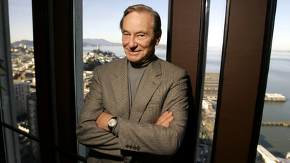 Tom Perkins, 73, author of the novel, "Sex and the Single Zillionaire," poses in his office in San Francisco, Monday Jan. 23, 2006. In the background is Telegraph Hill and San Francisco Bay. ()