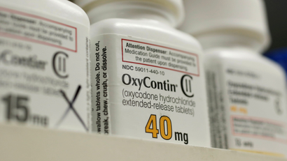 Bottles of prescription painkillers labeled OxyContin are lined up on a pharmacy shelf.