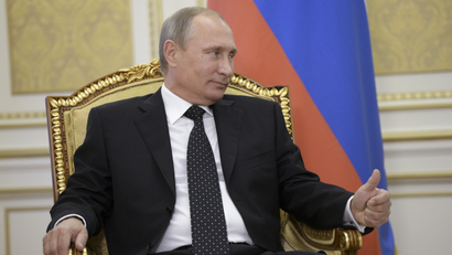 Russian President Vladimir Putin gestures during a meeting.
