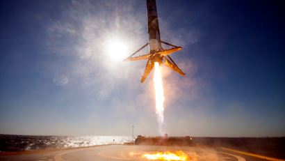 The Falcon 9 rocket booster that carried CRS-8 lands on a SpaceX floating droneship.
