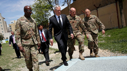 U.S. Defense Secretary James Mattis (3rd R) is greeted by U.S. Army Command Sergeant Major David Clark (L) and General Christopher Haas (2nd R) as he arrives at Resolute Support headquarters in Kabul, Afghanistan April 24, 2017. REUTERS/Jonathan Ernst /// U.S. Defense Secretary James Mattis (3rd R) is greeted by U.S. Army Command Sergeant Major David Clark (L) and General Christopher Haas (2nd R) as he arrives at Resolute Support headquarters in Kabul, Afghanistan April 24, 2017.