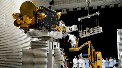 Technicians work on the Korean satellite Koreasat 5A in the clean room facilities of the Thales Alenia Space plant in Cannes, France, February 3, 2017.
