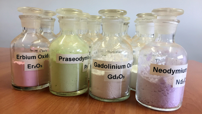 Jars containing rare earth minerals produced by Australia's Lynas.