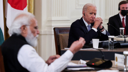 US President Joe Biden looks at Narendra Modi during a meeting together in Washington in September 2021.
