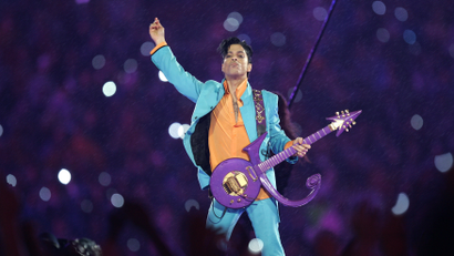 Prince performs during the halftime show at the Super Bowl XLI football game at Dolphin Stadium in Miami on Sunday, Feb. 4, 2007.