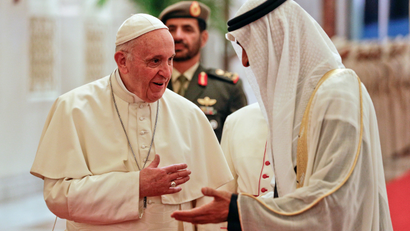Pope Francis is welcomed by Abu Dhabi's Crown Prince Mohammed bin Zayed Al-Nahyan in Abu Dhabi, United Arab Emirates.