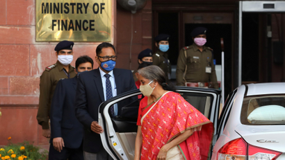 India's Finance Minister Nirmala Sitharaman arrives at the finance ministry before she leaves to present the federal budget in the parliament in New Delhi