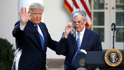 .S. President Donald Trump gestures with Jerome Powell Fed chairman