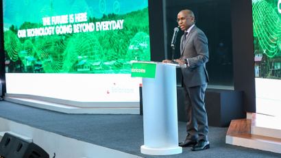 Safaricom CEO Peter Ndegwa speaking at a conference.