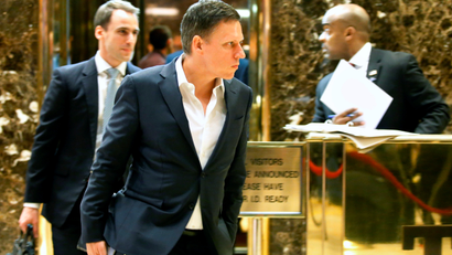 Entrepreneur and investor Peter Thiel exits an elevator after a meeting at Trump Tower in New York, U.S. November 16, 2016.