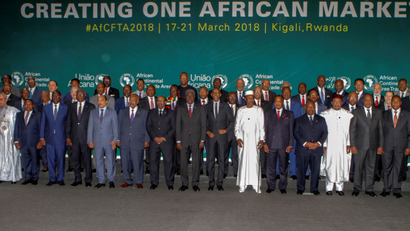 African leaders pose for a group photograph as they meet to sign a free trade deal that would create a liberalized market for goods and services across the continent, in Kigali, Rwanda March 21, 2018.