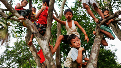 Children climb a tree at a camp for internally displaced persons in the suburbs of Myitkyina