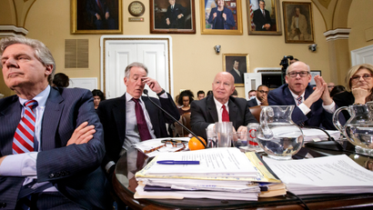 From left, Rep. Frank Pallone, D-N.J., the ranking member of the House Energy and Commerce Committee, Rep. Richard Neal, D-Mass., the House Ways and Means Committee ranking member, House Ways and Means Chairman Kevin Brady, R-Texas, Energy and Commerce Committee Chairman Greg Walden, R-Ore., and Budget Committee Chair Diane Black, R-Tenn., gather in the House Rules Committee to shape the final version of the Republican health care bill before it goes to the floor for debate and a vote, at the Capitol in Washington, Wednesday, March 22, 2017.