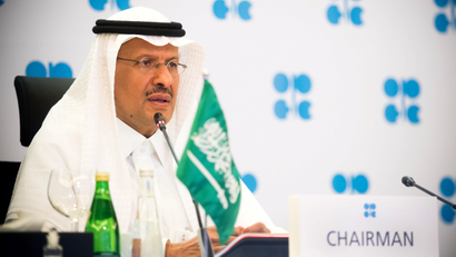 Saudi Arabia's Minister of Energy Prince Abdulaziz bin Salman Al-Saud speaks via video link during a virtual emergency meeting of OPEC and non-OPEC countries, following the outbreak of the coronavirus disease (COVID-19), in Riyadh