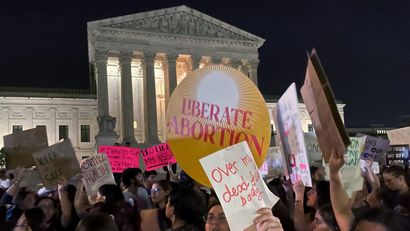 Protestors react outside the U.S. Supreme Court to the leak of a draft majority opinion written by Justice Samuel Alito preparing for a majority of the court to overturn the landmark Roe v. Wade abortion rights decision later this year,