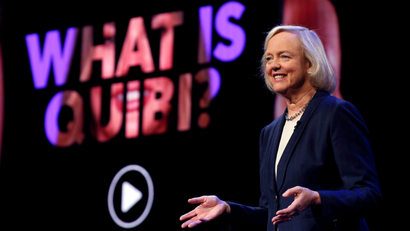 Quibi CEO Meg Whitman speaks during a Quibi keynote address at the 2020 CES in Las Vegas