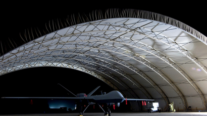 A U.S. Air Force MQ-9 Reaper unmanned aerial vehicle sits in a shelter at Joint Base Balad, Iraq in this October 15, 2008 USAF handout photo obtained by Reuters February 6, 2013. Larger and more powerful than the MQ-1 Predator, the Reaper can carry up to 3,750 pounds of laser-guided bombs and Hellfire missiles.