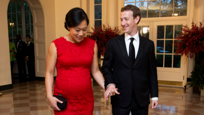 Facebook Chairman and Chief Executive Officer Mark Zuckerberg and his wife Priscilla Chan, arrive for a State Dinner in honor of Chinese President Xi Jinping, in the East Room of the White House in Washington, Friday, Sept. 25, 2015. (AP Photo/Manuel Balce Ceneta)