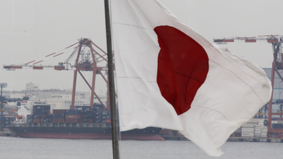 A cargo ship is seen behind Japan's national flag at an industrial port in Tokyo.
