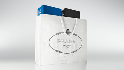 A promotional image shows a Prada bag with two Adidas sneaker boxes sticking out the top